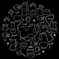 Doodle set of Milk and Dairy Products in circle. Hand drawn farm food and cow elements set. Vector sketch illustration Royalty Free Stock Photo