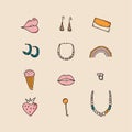 Doodle set of modern fashion woman stickers. Collection of cute hand drawn groovy icons, lips, earrings, cosmetic bag