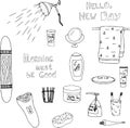 Doodle set of morning shower objects