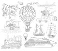 Doodle set with old and modern means of transport