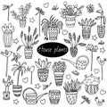 Doodle set with  potted plants, watering cans, decorative figure sticks Royalty Free Stock Photo