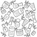 Doodle set of retro style cosmetic jars with labels. Hand drawn vector illustration
