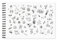 Doodle set of school related items, school equipment and learning tools on white notebook.