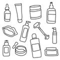 Doodle set of skin, hair and body care cosmetic products. Line art. Vector illustration of beauty packaging. Isolated on white.