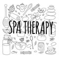 Doodle set of spa black and white elements with typography for aromatherapy, stone and honey therapy, body care.