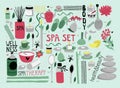 Doodle set of spa elements for aromatherapy, stone therapy, body care, beauty salon, wellness center.