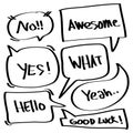 Doodle set of speech bubbles with words Awesome, hello, no, yes, what, good luck