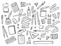Doodle set of Stationery drawings. Vector illustration. Back to school concept. Art and school supplies