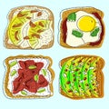 Doodle set of toasts with avocado, Toast bread with pomegranate, mozzarella cheese, egg, pineapples