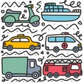 doodle set of transportation hand drawing