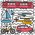 doodle set of transportation hand drawing