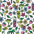 Doodle set of tropical summer drinks. Green leaves, fruits and flowers. Seamless pattern. Royalty Free Stock Photo