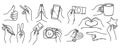 Doodle set of woman hands holding things and showing gesture signs Royalty Free Stock Photo