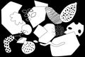 Doodle shape pattern. Black and white background. Geometric and organic forms, hand drawn isolated elements. Floral