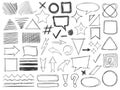 Doodle shapes. Drawings pencil monochrome textures strokes, arrows and frames, borders and hatched badges round and