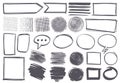 Doodle shapes. Pencil sketch textures and arrows, speech bubbles, borders and marks. Strokes and frames and symbols Royalty Free Stock Photo