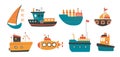 Doodle ship and boat kid clipart. Hand drawn ships, isolated sailboat and sea transport. Cute artworks for shirt prints Royalty Free Stock Photo