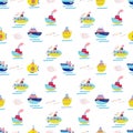 Doodle ship seamless pattern. Sailing texture, boy boat fabric print. Marine graphics with sailboat, summer ocean Royalty Free Stock Photo