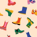 Doodle shoes pattern. Seamless print with colourful trendy male and female footwear. Vector shoes texture