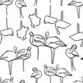 Doodle simple outline flamingo summer pattern.