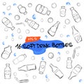 Doodle of sixteen soft drink bottles, water drop, bubble and ice cube