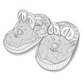 Doodle sketch of baby bootees in black and white zentangle design. Coloring book for adult older children. Hand drawn illus