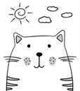 Doodle sketch Cat with sun and clouds illustration. Cartoon vector cat. Doodle style. Pet. Domestic animal. Postcard, poster