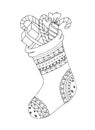 Doodle sketch of Christmas sock in black and white zentangle design