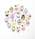 Doodle sketch cupcakes with decorations on white background. Vector illustration.