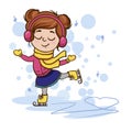 Doodle sketch of a cute little girl skating. Simple flat winter illustration Royalty Free Stock Photo