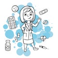 Doodle Sketch Doctor. Simple flat illustration of drugs, pills, capsules, syringe