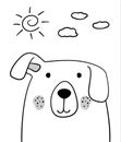 Doodle sketch Dog with sun and clouds illustration. Cartoon dog with raised ear. Doodle style. Pet. Domestic animal. Postcard