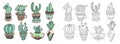 doodle sketch drawing flat style of house plants - flowerpots with cacti