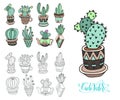 doodle sketch drawing flat style of house plants - flowerpots with cacti, vector illustration