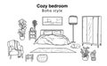 Doodle sketch hand-drawn room. Cozy bedroom in the style of Hugge. Black and white linear image. Royalty Free Stock Photo