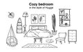 Doodle sketch hand-drawn room. Cozy bedroom in the style of Hugge. Black and white linear image. Royalty Free Stock Photo