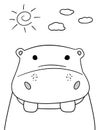 Doodle sketch Hippo with sun and clouds illustration. Cartoon vector hippopotamus. Doodle style. Wild mammal animal.Behemoth. Royalty Free Stock Photo