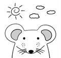 Doodle sketch Mouse with sun and clouds illustration.Cartoon vector. Doodle style. Wild mammal animal.White background.Postcard