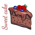 Doodle sketch a piece of chocolate cake with berries, raspberries and blueberries. Illustration of a sweet cake. Royalty Free Stock Photo