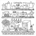 Doodle sketch of pots, cups, coffee machine in the cupboard