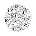 Doodle sketch style. A hand-drawn set of chess elements arranged in a circle. Queen, king, rook, bishop, horse and pawn Royalty Free Stock Photo