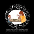 Doodle sketch style. A hand-drawn set of chess elements. People playing chess. Stacked pieces stacked in a circle Royalty Free Stock Photo