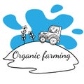 Doodle sketch tractor in the field, cartoon drawing of an organic farm Royalty Free Stock Photo