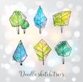 Doodle sketch trees on white glowing background