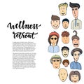 Doodle sketched people and lettering - Wellness retreat. Vector design banner, poster, brochure or cover Royalty Free Stock Photo