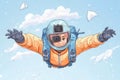 Doodle of a skydiver with a GoPro camera on their helmet, capturing the view, simple illustration, cute design, centered
