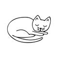 Doodle sleeping cat, black and white illustration