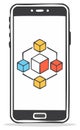 Doodle smartphone displaying interconnected colorful cubes representing a mobile network or data system Royalty Free Stock Photo