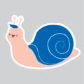 Doodle snail boy on a gray background. Blue forelock and shell. Nursery art. Use as illustration sticker book or cartoon