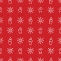 Doodle snowflakes. burning candles, warm gloves on a red background .Vector Seamless background, winter holiday theme